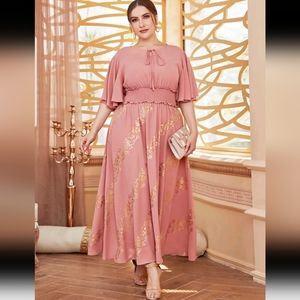 Plus Golden Floral Print Tie Front Frill Trim Shirred Waist Dress